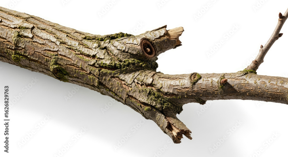 A close-up of a single, gnarled tree branch with textured bark and moss, isolated on a white background. A close-up of a single, gnarled tree branch with textured bark and moss, isolated on a white background.