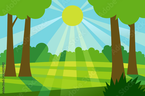 Sunny day in a park with trees and sunbeams shining through the sky