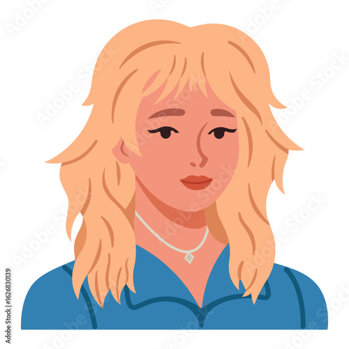 Woman portrait with shag haircut and curtain bangs. Trendy layered hairstyle with messy textured hair. Flat style avatar vector illustration.
