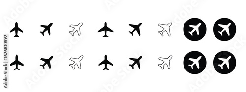 Airplane icon set. Containing aircraft, airport, plane, airline, aviation, flying, travel and more icons. Vector illustration.