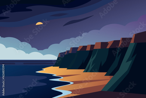 Stylized illustration of a dramatic coastline under a cloudy twilight sky with a crescent moon