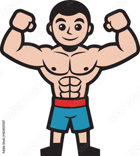Cute cartoon-style boxer with gloves and abs flexing both arms. Bright and playful character design for sports or kids’ content.