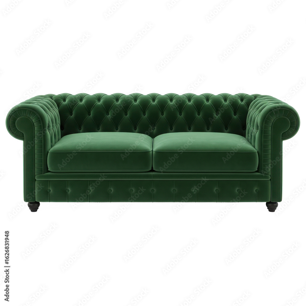 Fototapeta premium Luxurious deep emerald green velvet chesterfield sofa with button tufting and rolled arms isolated on transparent background