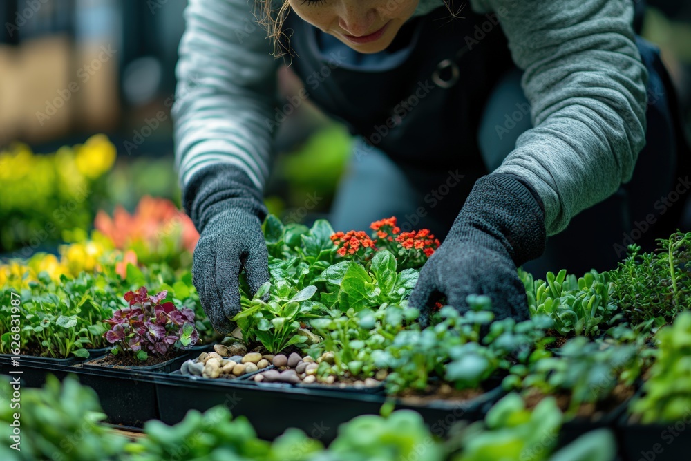 Fototapeta premium Gardening action planting diverse flowers in a greenhouse view for enthusiasts