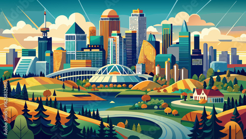 A sweeping panorama of Edmonton reveals shimmering buildings beneath a wide sky. North Saskatchewan River winds gently, reflecting bridges, trees, and downtown towers in Alberta’s golden evening light