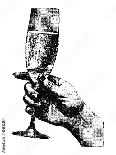 Vintage stippled hand holding champagne glass with retro photocopy texture. New Year's Eve disco party collage element vector. Holiday festive cocktail illustration, classic celebration