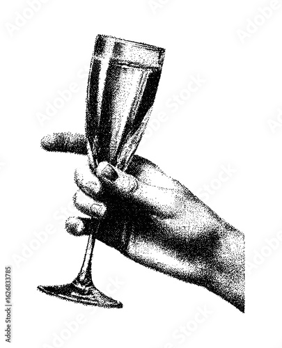 Vintage stippled photocopy texture of hand holding a champagne glass. Retro New Year's Eve disco party graphic collage element. Vector illustration, festive celebration, holiday night vibes