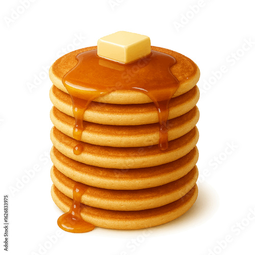Delicious 3d illustration of a fluffy stack of golden brown pancakes generously drizzled with sweet golden syrup on a clean white background