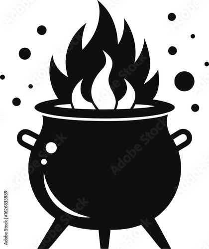 Black cauldron with flames and bubbles silhouette isolated on white background