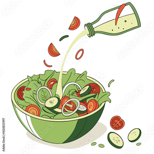 Fresh salad with lettuce tomatoes cucumber and onion being dressed from a bottle with a light vinaigrette dressing
