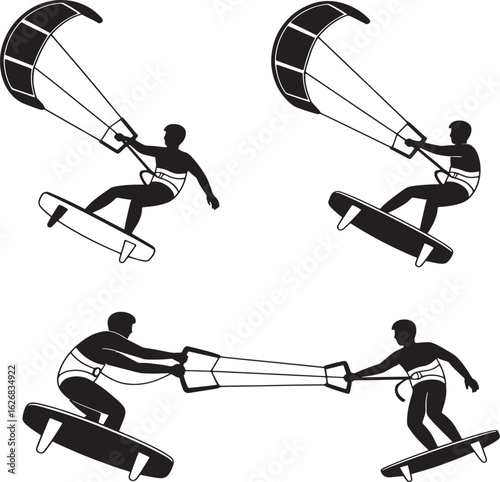 Kitesurfers Riding Waves With Kiteboards In Action