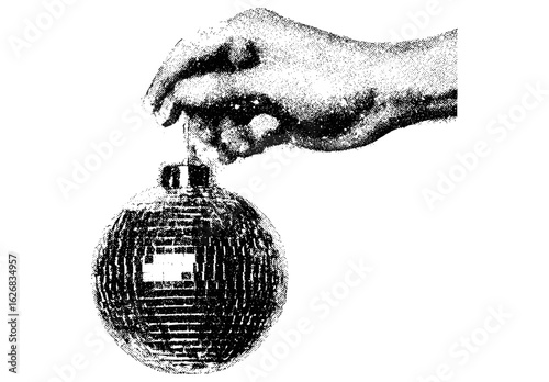 Retro New Year’s Eve party graphic with hand holding disco ball in vintage photocopy stipple texture. Punk collage, monochrome halftone, 90s nightlife, urban grunge poster style