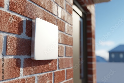 Modern white square doorbell on red brick wall exterior of house; crisp, clean, blurred background with house & blue sky, daytime, blank, mockup