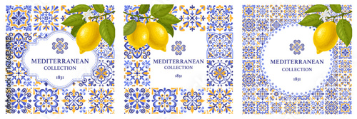 Square banner or label templates set with Mediterranean mosaic tile pattern, blue, yellow, white colors, lemons on branch.  Vector illustration