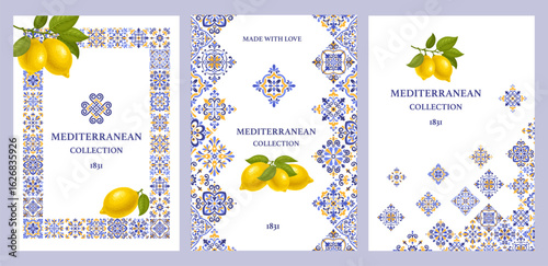 Poster, banner or label template set with Mediterranean mosaic tile pattern, blue and yellow colors, citrus fruit, lemons on branch. Vector illustration