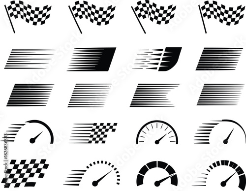 Racing and speed design elements. A collection of sleek vector graphics in a black and white palette, including checkered flags and speedometers.
