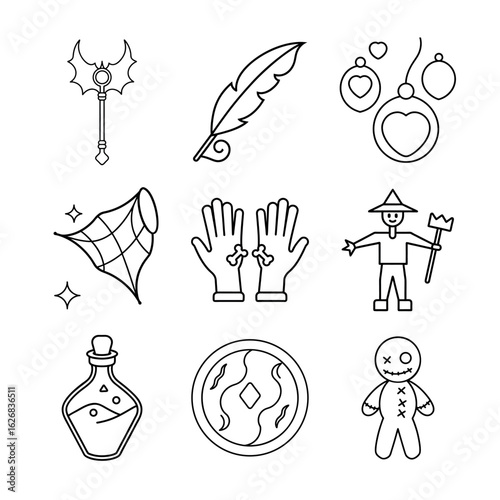 Halloween Ritual Accessories Vector Pack | Dark Magic Objects | Line Art Illustration Set