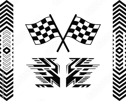 A collection of vector racing graphics featuring crossed checkered flags and abstract speed elements, isolated on a white background.