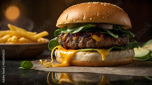 Fototapeta Naklejka Na Ścianę i Meble -  Juicy gourmet burger with melted cheese, spinach, and French fries
