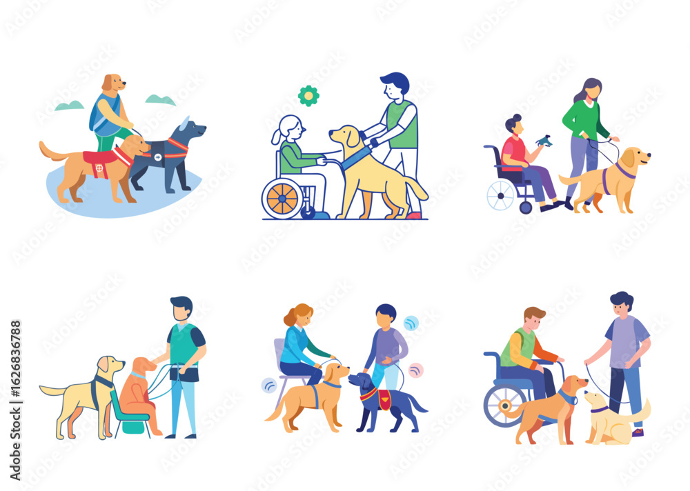 Fototapeta premium Illustrations depicting diverse individuals partnering with assistance and therapy dogs in various settings