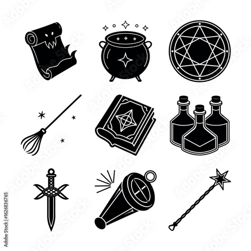 Witchcraft Tools Silhouette Vector | Halloween Magical Objects | Black Shape Illustration Set