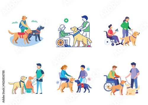 Illustrations depicting diverse individuals partnering with assistance and therapy dogs in various settings