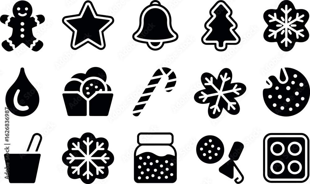 Fototapeta premium Festive Christmas Cookie Icons: Glyph Style, Black and White, Holiday Mood
