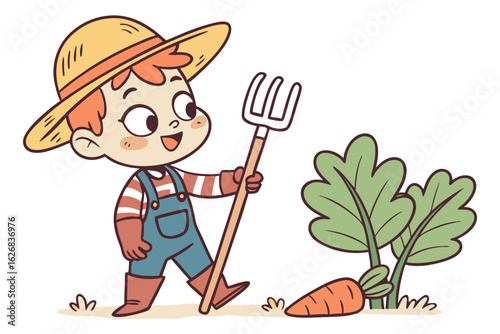 Vector art of a cheerful young farmer with a gardening fork stands beside a freshly harvested carrot in his vegetable garden illustration
