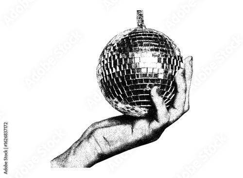 Hand gripping disco ball with vintage stippled photocopy effect. Retro collage for New Year’s Eve party, punk grunge style, monochrome halftone texture, urban nightclub vibes, 90s cocktail party