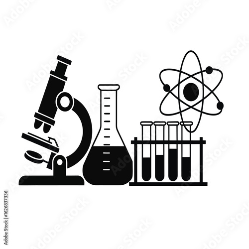 Science and chemistry laboratory equipment icon set with microscope, flask, test tubes, and atom symbol.