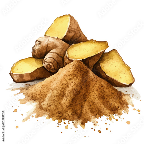 Artistic watercolor design of ginger powder and sliced, hand-painted, and isolated on a white background, suitable for print and digital use, EPS file. ginger root set