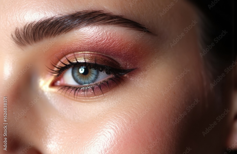 Obraz premium Close-up of a woman's eye with makeup highlighting the eyelid and eyelashes