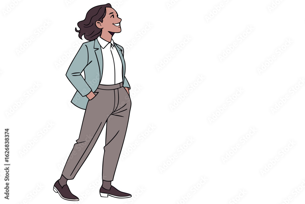 Obraz premium Vector art of a confident businesswoman in a stylish suit looks toward the future with a positive attitude ready to tackle any challenge