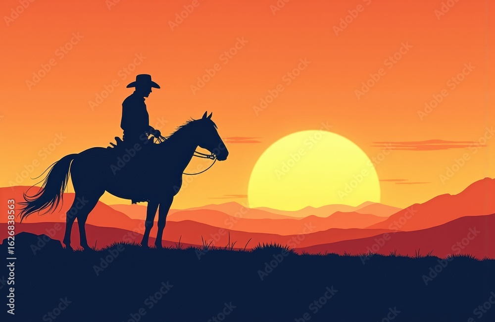 Fototapeta premium A cowboy riding a horse during a vibrant sunset scene
