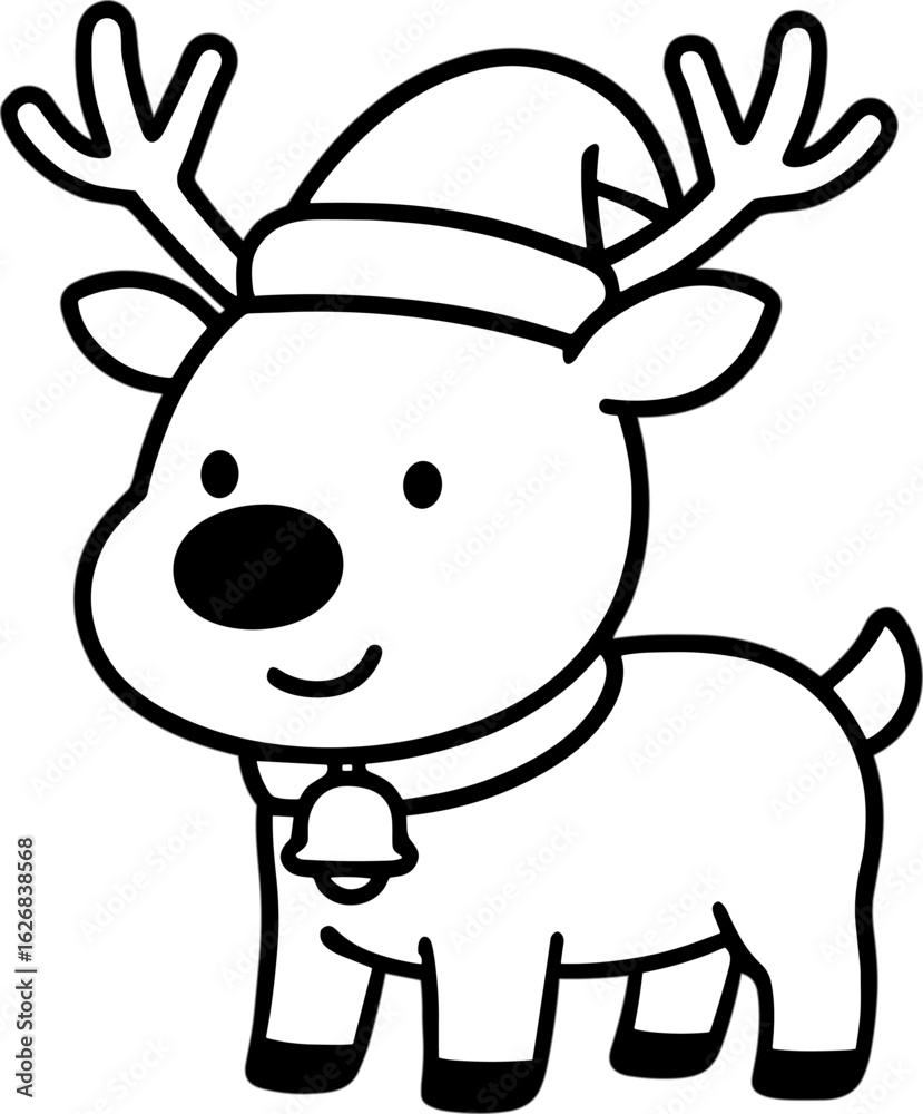 Fototapeta premium Cute Christmas Deer Vector line Art Featuring a Joyful Reindeer Wearing a Santa Hat and a Bell for Festive Decorations and Holiday Illustrations