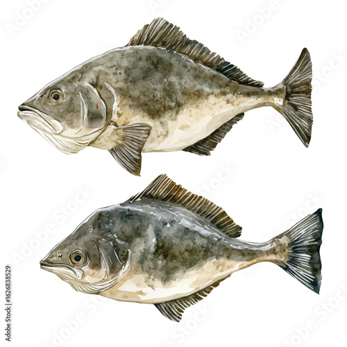 A Painted in watercolor, this hand-drawn halibut fish features subtle artistic strokes, isolated on a white background, elegant vector design, and EPS format. vector fish set design