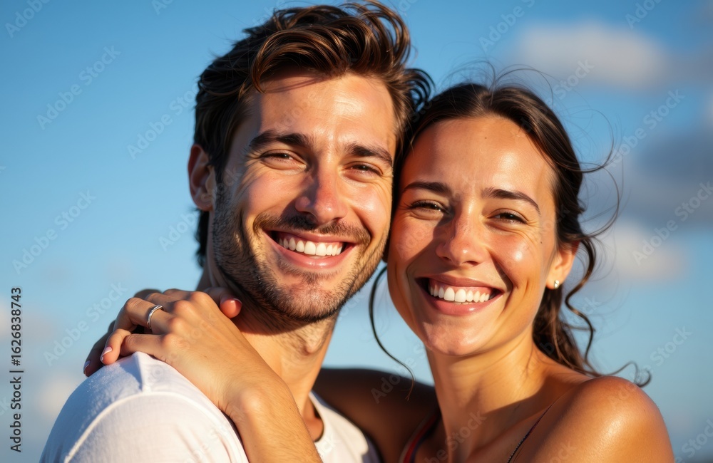 Fototapeta premium A happy couple smiling outdoors under a blue sky with soft clouds