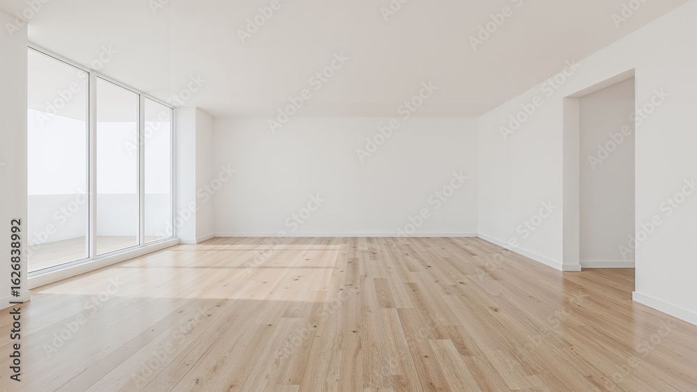 Obraz premium Bright empty room with wooden floor and large windows interior natural light
