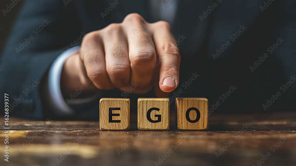 custom made wallpaper toronto digitalA hand pointing at wooden blocks spelling out the word ego on table