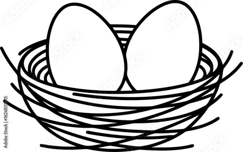 Hand drawn bird nest with two eggs simple line art