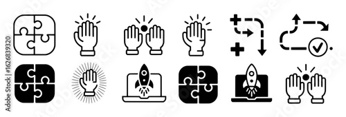 Puzzle pieces hands rocket launch and flow chart icons highfive