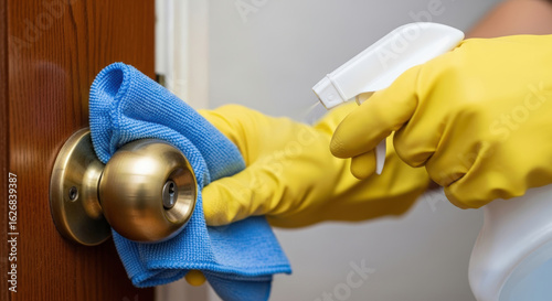 Closeup shot of women cleaning a door nob with a bloth using cleaning liquid wearing yellow golves