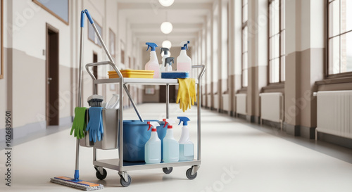 Commercial cleaning equipment on a metal trolley in a corridor with mop, sprey, gloves
