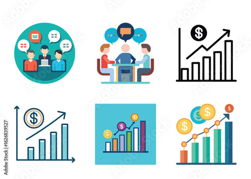 Business meeting and financial growth presentations and charts set illustration vector
