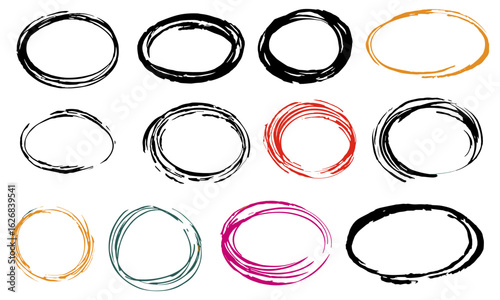 Hand-drawn brush marker pen doodle circle highlights. Freehand painted round ovals and scrawl frames. Scribble horizontal ellipse with rough grunge effect. Vector illustration