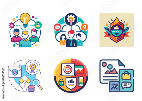 Collection of Colorful Business and Marketing Icons with Creative Design Concept