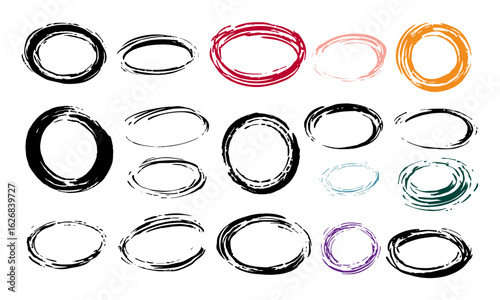 Hand-drawn brush marker pen doodle circle highlights. Freehand painted round ovals and scrawl frames. Scribble horizontal ellipse with rough grunge effect. Vector illustration