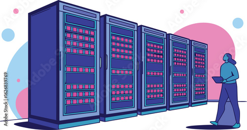 Vector art of data center with server racks and a woman, representing cloud computing and data management