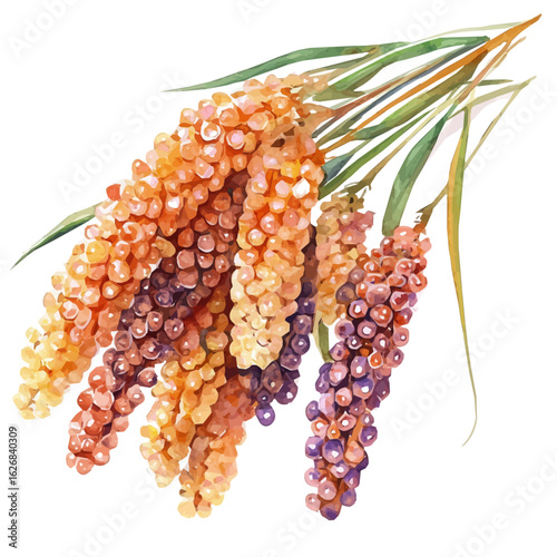 Elegant watercolor art of a millet grain branch, soft artistic strokes, isolated on a clean white background, vector-based EPS illustration.