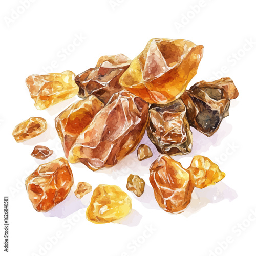 A hand-drawn watercolor illustration of a myrrh resin, painted with soft textures, isolated on a white background, elegant artistic design, in EPS format. vector illustration